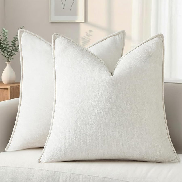 decorUhome Summer Couch Throw Pillow Covers 20x20 Set of 2, Decorative Soft Velvet Modern Cozy Chenille Pillow Cases with Elegant Design for Sofa Bed Living Room Home Decor, Cream White