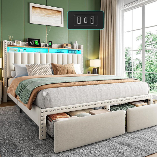 EnHomee Queen Bed Frame with 2 Storage Drawers, Upholstered Platform Bed with LED Lights and Charging Station, Sturdy Wooden Slats Support, No Box Spring Needed, Noise Free, Beige