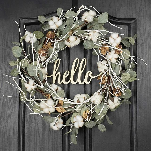 QUNWREATH Handmade 21 inch Cotton Wreath,Green Eucalyptus Leaf,Hello Letter,Gifts Package,Free Hooks,Front Door Rustic Wreath,Farmhouse Wreath,Grapevine Wreath,Light up Wreath,Everyday Wreath,QUNW75