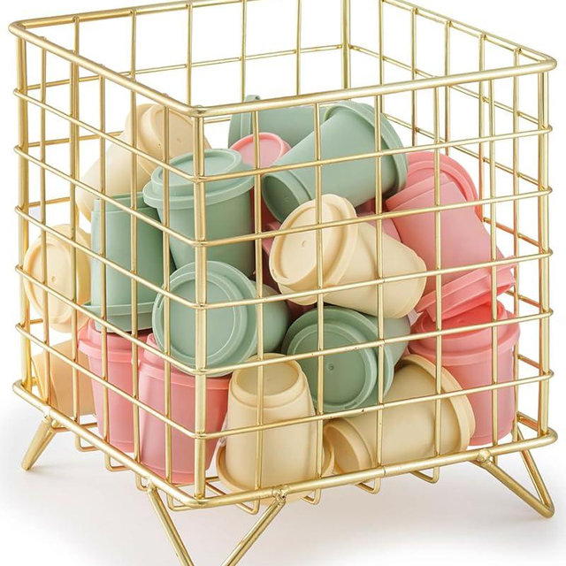 FantasyLife K Cup Holder Organizer, 5.3" x 5.3" x 6.3" Coffee Pod Storage Basket, Coffee Bar Accessories Metal Basket, Large Capacity Countertop Organizer for Kitchen Counter & Office Desktop (Gold)
