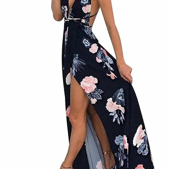 BerryGo Women's Sexy Deep V Neck Backless Floral Print Split Maxi Party Dress