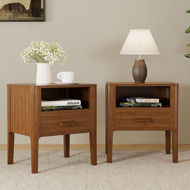 Merax Bamboo Nightstands Set of 2, Mid-Century Modern Night Stands with Drawers & Open Shelf, Solid Sustainable Bedside Table, Small Side Drink Tables for Living Room Bedroom, Easy Assembly, Brown