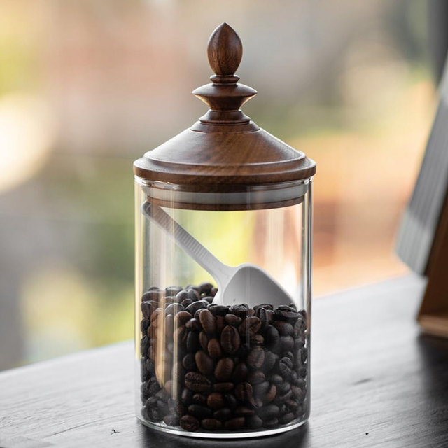 AXUYU Coffee Bean Storage, Small Glass Jar with Airtight Retro Wooden Lid, Clear Coffee Bean Container with Spoon, Kitchen Storage Canister for Ground Coffee, Tea, Spice, and More/550ml