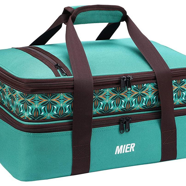 MIER Insulated Double Casserole Carrier Bag Thermal Lunch Tote for Lasagna Lugger, Potluck Parties, Picnic, Beach, Fits 9 x 13 Inches Baking Dish, Casserole Dish, Expandable, Teal