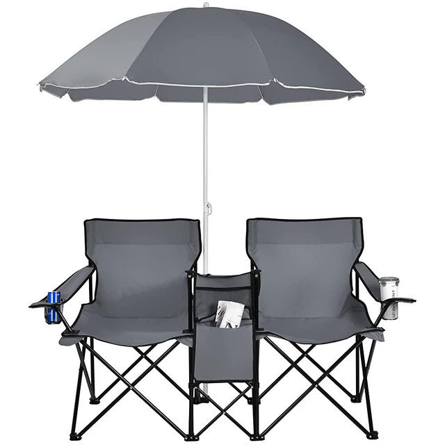 Goplus Double Folding Picnic Chairs w/Umbrella Mini Table Beverage Holder Carrying Bag for Beach Patio Pool Park Outdoor Portable Camping Chair (Grey)