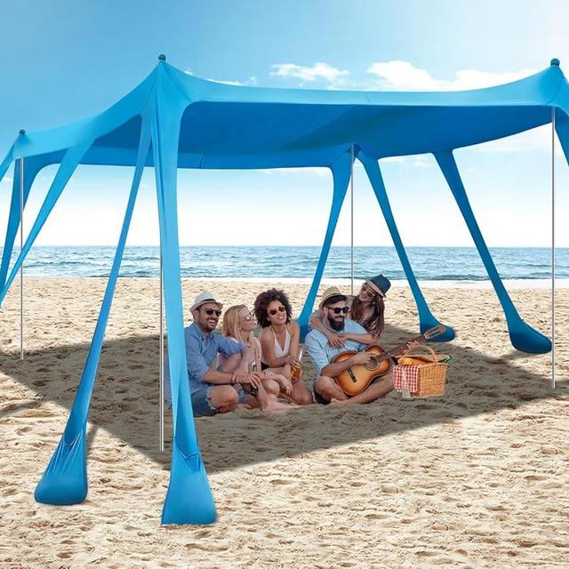Beach Tent Sun Shelter, Outdoor Pop Up Shade Canopy UPF50+ Protection with 10 Sandbags 4 Stability Poles for Camping, Fishing, Backyard Fun (10×10 FT 4 Pole)