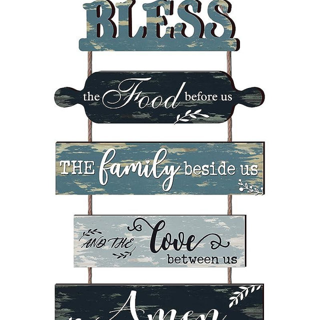 Buecasa Bless the Food Before Us Farmhouse Kitchen Wall Decor - Dining Room Decorations Collage Art in Teal Blue Color Wooden Rustic 5pcs Roped Sign 13x24 Inches Vertical, grey