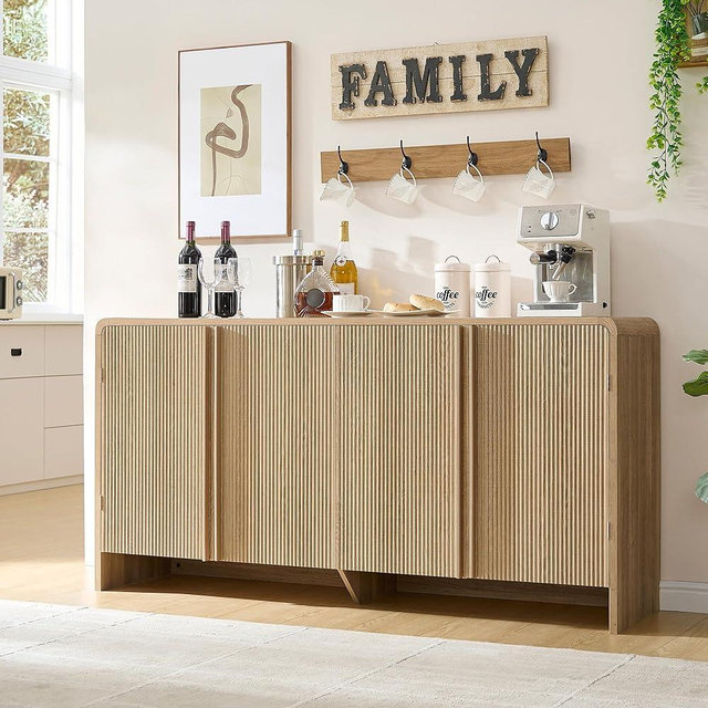 AMERLIFE 63" Fluted Sideboard Buffet Cabinet with Storage, Modern Credenza Console with 4 Doors & Adjustable Shelves, Wood Coffee Bar for Kitchen, Living Room, Hallway, Natural Oak
