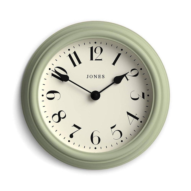 JONES CLOCKS® Frieze Wall Clock | Small Elegant Classic Round Clock | 23cm | Sage Green | Pretty Design Ideal for The Kitchen, Living Room, Bedroom, Large or Small Spaces