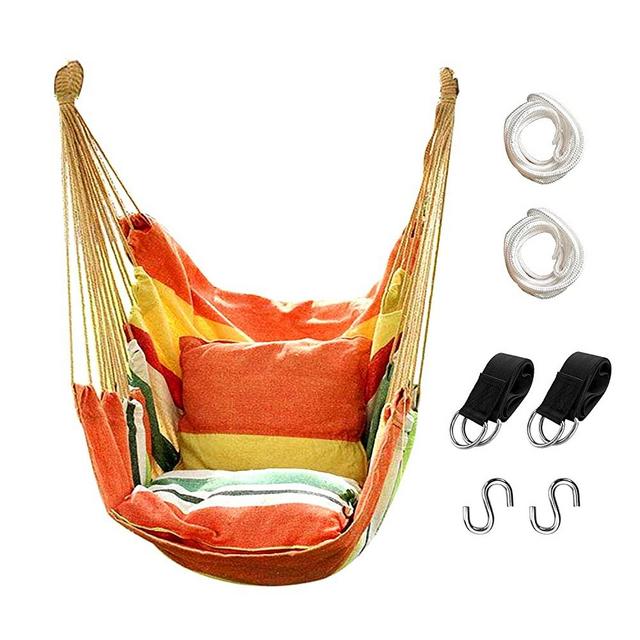 Hammock Chair Hanging Rope Swing, Max 300 Lbs Hanging Chair with Pocket- Quality Cotton Weave for Superior Comfort & Durability Perfect for Outdoor, Home, Bedroom, Patio, Yard (Orange)