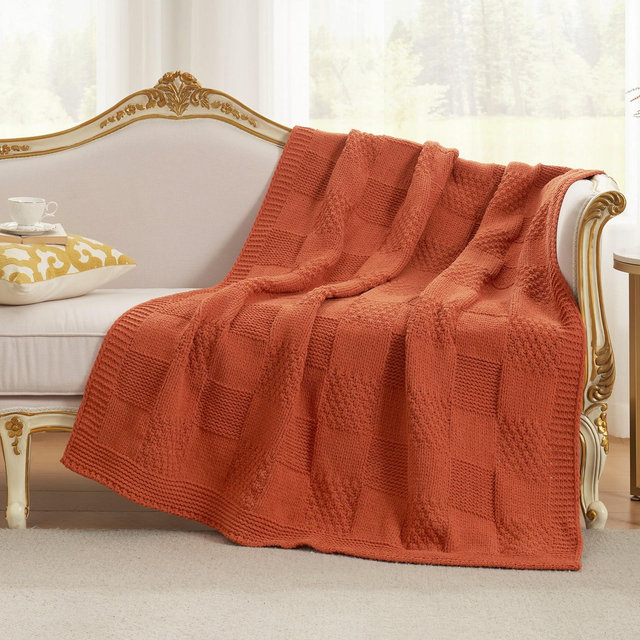 Chenille Knit Checkered Texture Throw Blanket, 50"x60", Burnt Orange- Amelie Home