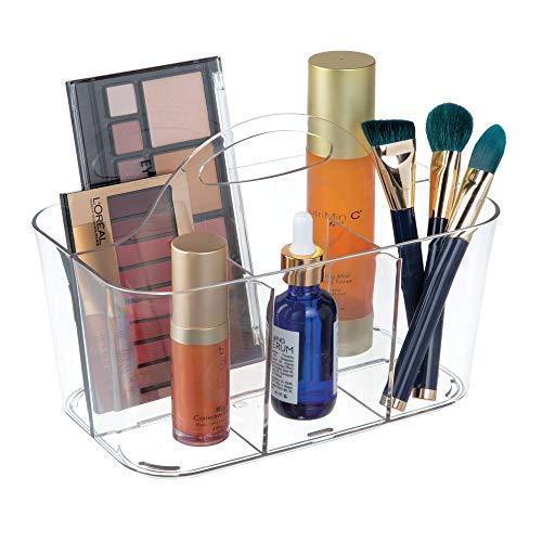 mDesign Plastic Makeup Storage Organizer Caddy Tote - Divided Basket Bin, Handle for Bathroom Storage - Holds Eyeshadow Palettes, Nail Polish, Makeup Brushes, Blush, Shower Essentials - Small - Clear