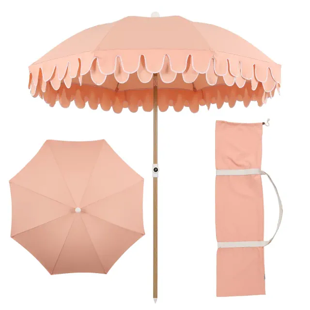 JONATHAN Y Horizon 6.5 ft. Scalloped Fringe Beach Umbrella w/ Tilt,Wind Vent,UV Protection,Carry Bag in Coral Pink/White,Brown Pole