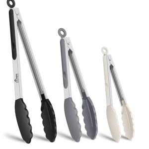 HOTEC Premium Stainless Steel Locking Kitchen Tongs with Silicon Tips, Set of 3-7", 9" and 12" (Black,Grey,Khaki)