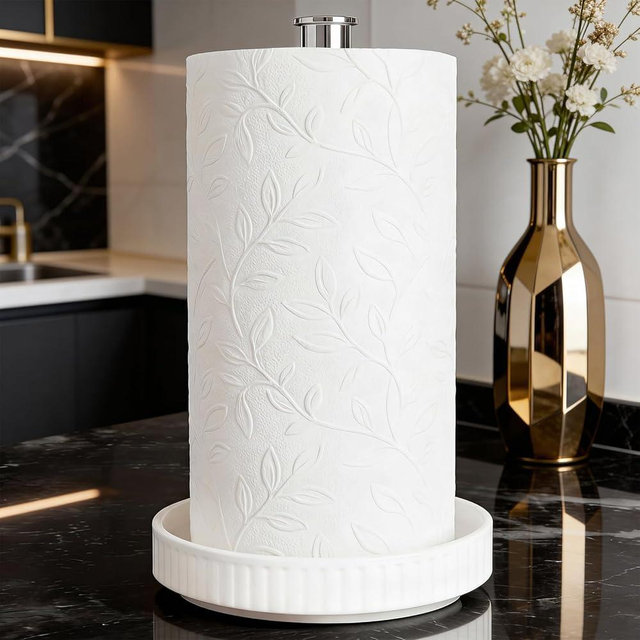 VROOMIUM Paper Towel Holder Countertop, Silver and Ceramic Base Easy-to-Clean, Fits Double to Family Rolls, Elegant and Durable Kitchen Roll Stand, Silver