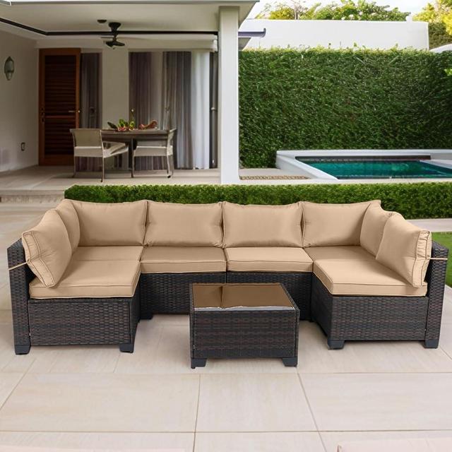 CHABATREE 7 Pieces Outdoor Patio Furniture Sets,Rattan Conversation Sectional Set,Manual Weaving Wicker Patio Sofa with Tea Table