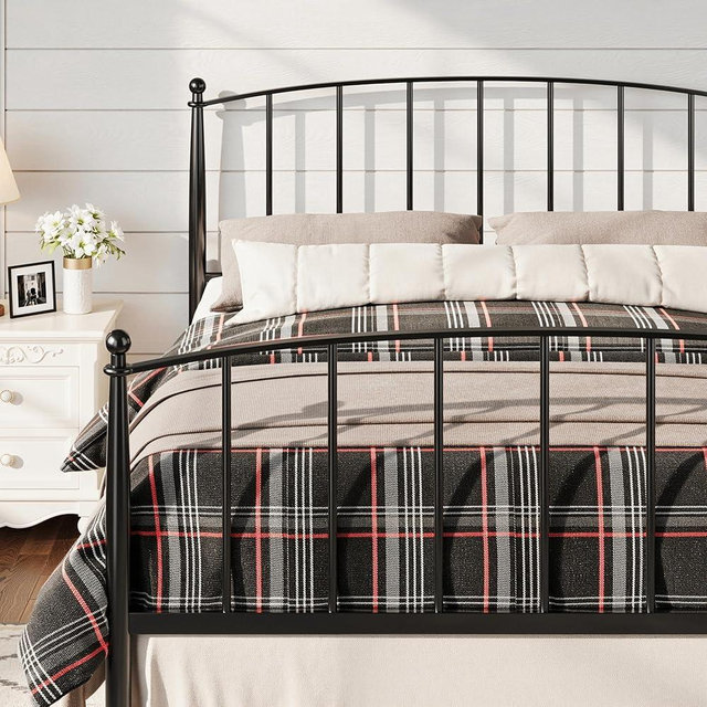Allewie Full Size Bed Frame, Metal Platform Bed Frame with Arched Headboard & Footboard, Mid-Century Modern Style, Under Bed Storage, No Box Spring Needed, Easy Assembly, Black