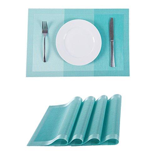 SUNSHINE FASHION Set of 4 Placemats,Placemats for Dining Table,Heat-Resistant Placemats, Stain Resistant Washable PVC Table Mats,Kitchen Table mats (4, Strip-Turq)