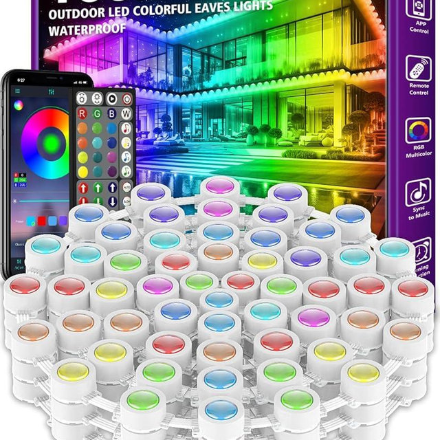 100FT Permanent Outdoor RGB Lights - IP67 Waterproof with Smart App Control Remote, DIY Scene Modes, Music Synchronization, Eaves Lights For Garden Decor, Deck, Christmas, Party, Party, Halloween,Roof