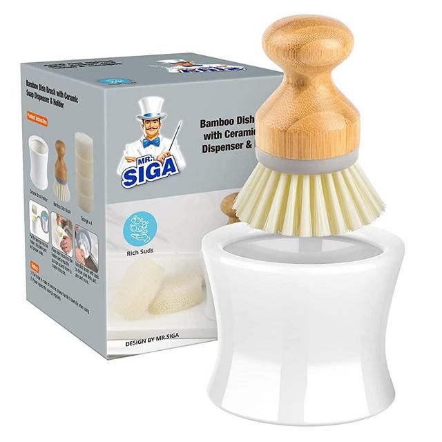MR.SIGA Dish Soap Dispenser & Holder, Bamboo Dish Brush with Soap Dispenser Set, Includes 4 Replaceable Sponges