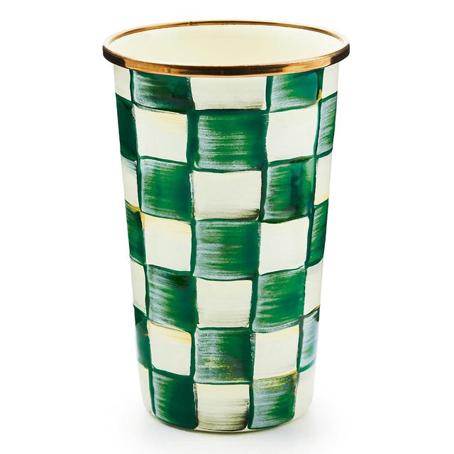 MACKENZIE-CHILDS Enamel Tumbler, Open Tumbler Cup, Cute Enamelware Cup, 20 Ounces, Green-and-White Emerald Check