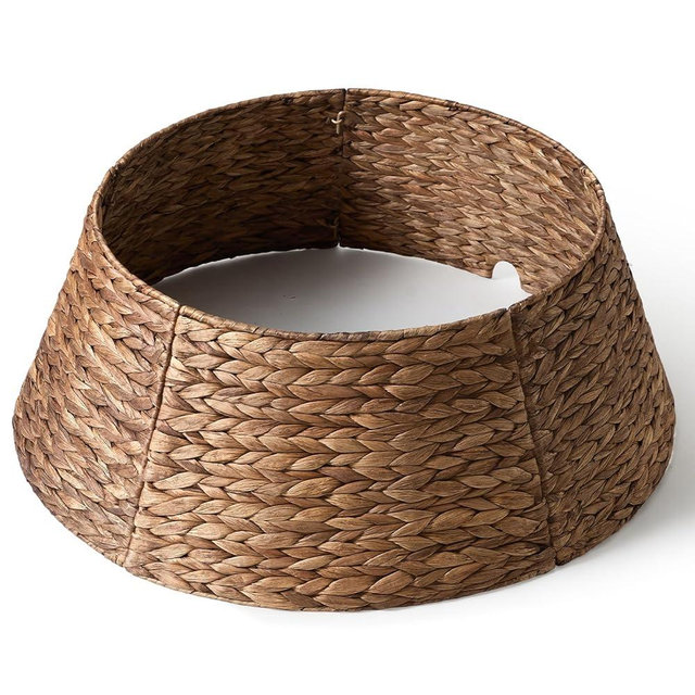 28in Christmas Tree Collar - Woven Hyacinth Tree Collars for Artificial Trees - Rattan Rustic Farmhouse Basket for Tree Base Cover with Cord Cut-Out for 6ft 7.5ft Tree (Brown)
