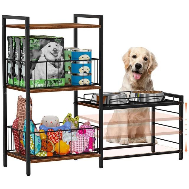 Snughome Elevated Dog Bowls, Raised Dog Bowl Holder 4 Height Adjustable with Cabinet for Dog Toys Organization Non-Slip Dog Feeding Station with 2 Stainless Steel Dog Food Bowls