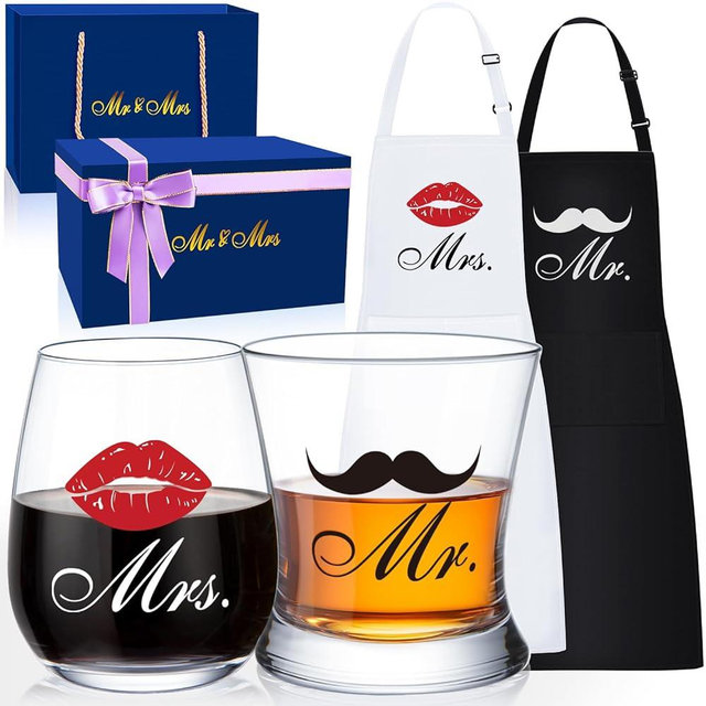 LIGHTEN LIFE Wedding Gifts Engagement Gifts for Couples Mr & Mrs Apron and Wine Whiskey Glass Set,Anniversary Present for Newlywed,Bridal Shower Gifts for Bride and Groom,Mr and Mrs Gift