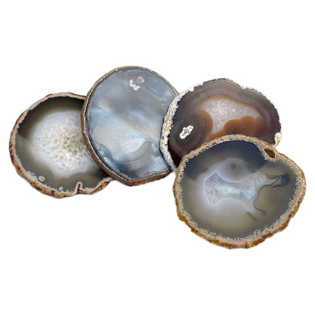 Sisamn Natural Agate Slices Bulk Crystal Geode Coasters Set of 4 - Unique 4-5 Inch Cute Stone Drink Coasters with Rubber Bumpers - Natural Slices Geode for Home Decor, Coffee Table, Bar Accessories