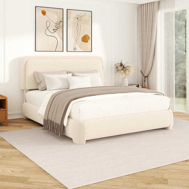 Sismplly Queen Size Cloud Bed Frame with Adjustable Padded Headboard (43.3"-45.3"), Boucle Fabric, Upholstered Platform Bed, Modern Soft Bed Base, No Box Spring Needed, Easy Assembly, Beige