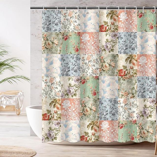 Mocsicka Boho Shower Curtain Pink Floral Patchwork Shower Curtain with 12 Hooks Mid-Century Flowers Vintage Retro Bath Curtain for Boho Floral Bath Decor, Waterproof Fabric 72 X 72 Inch