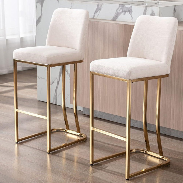 VESCASA Linen Bar Height Barstools with Back, Mid Century Modern Upholstered 30 Inches H Bar Stool Chairs with Gold Metal Frame for Kitchen Island, Bar, Pub, Set of 2, Cream