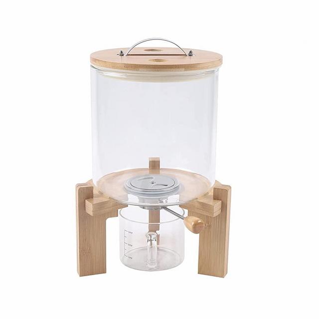 PIOJNYEN Rice Dispenser, 5L Food Storage Containers, Glass Grain Container with Airtight Bamboo Lids & Wooden Stand, Rice Container Cereal Dispenser Bucket for Kitchen Soybean Corn