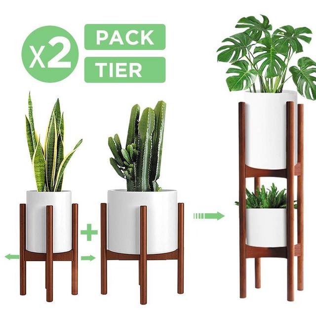 2 Pack Indoor Plant Stands, 2 Tier Tall (30 inches) Mid Century Modern Bamboo Wood Plant Stand, Adjustable Width 8 to 12 inches, Fits Pot Size of 8 9 10 11 12 inches (Pot & Plant Not Included), Brown
