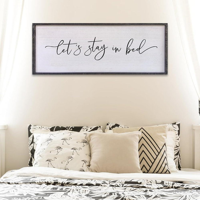 Lets Stay In Bed Wall Decor 40”X15” Large Farmhouse Master Room Above Bed Soild Wood Framed Rustic Guest Room Sign Beautiful And Simple Plaque Over Bed Hanging Wall Art Decoration (Black)