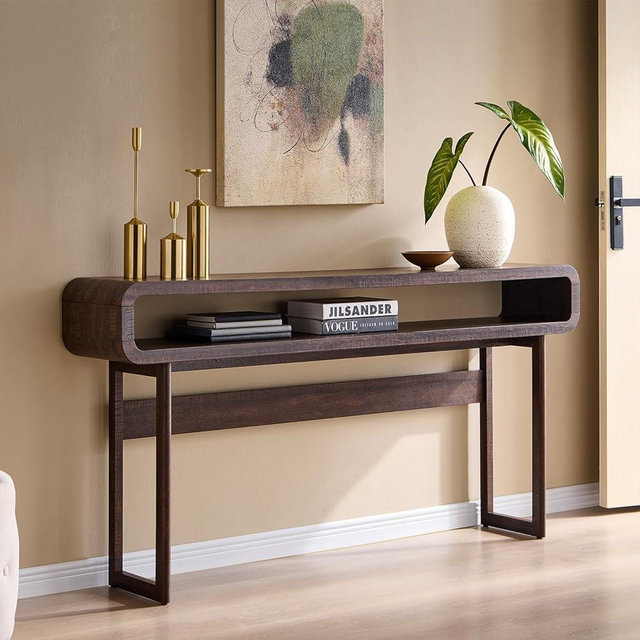 IFGET 63-Inch Long Console Table, 31.5" Tall Modern Entryway Table with Open Storage Shelf, Curved Profile Design, Narrow Wood Sofa Table Behind Couch Tables for Living Room, Hallway, Foyer, Brown