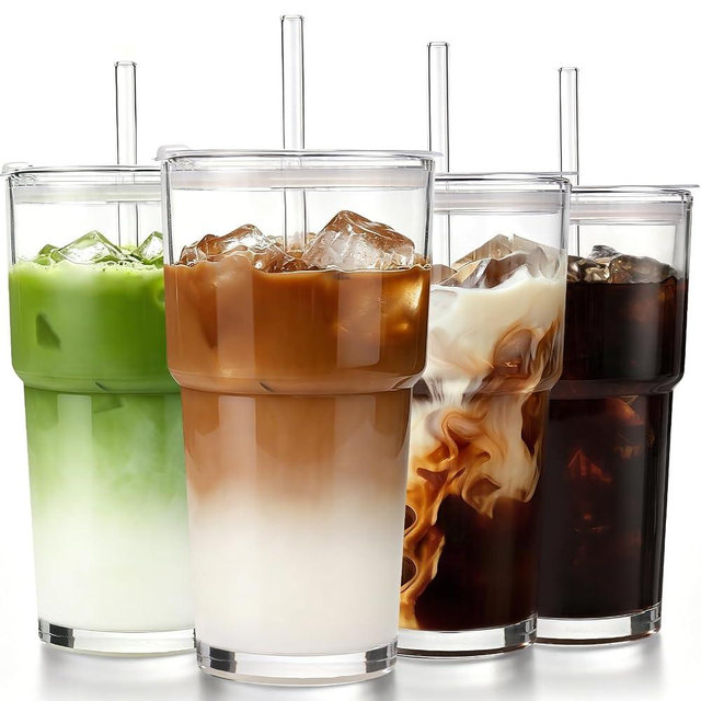 Iced Coffee Cups with Lids: Coffee Bar Accessories - Tumbler Leak Proof for To Go Iced Coffee Cups with Lids 4 Pack - 20 oz Glass Cups with Lids and Straws - Thickened Glass Tumbler with Straw and Lid