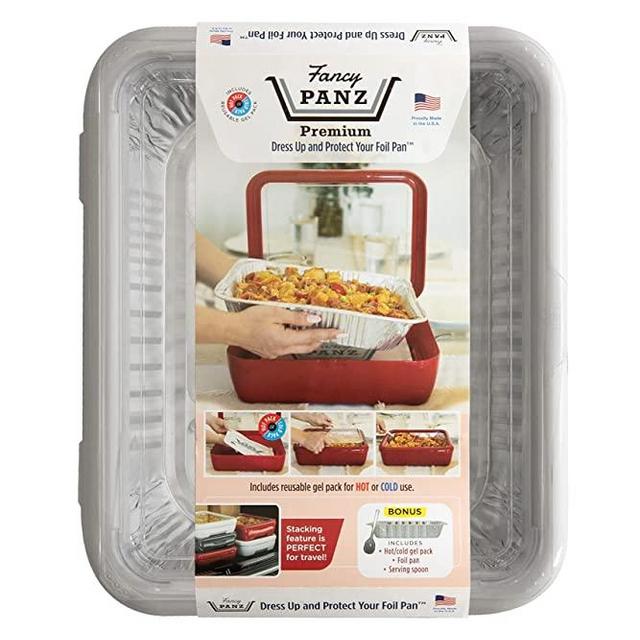 Fancy Panz Premium Dress Up & Protect Your Foil Pan, Made in USA. Hot/Cold Gel Pack, One Half Sized Foil Pan & Serving Spoon Included. Stackable for easy travel. BPA free (White)