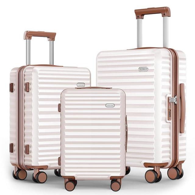 SHOWKOO Luggage Sets 3 Piece Hardside Expandable Suitcase with Double Spinner Wheels Tsa Lock Beige White (20in/24in/28)