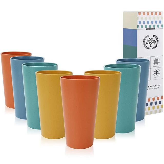 Homienly Colourful Wheat Straw Cups 20 oz Drinking Cups 8 PCS Plastic Cups Set for Kitchen Unbreakable Reusable Cups Dishwasher Safe Cups with 4 Colors