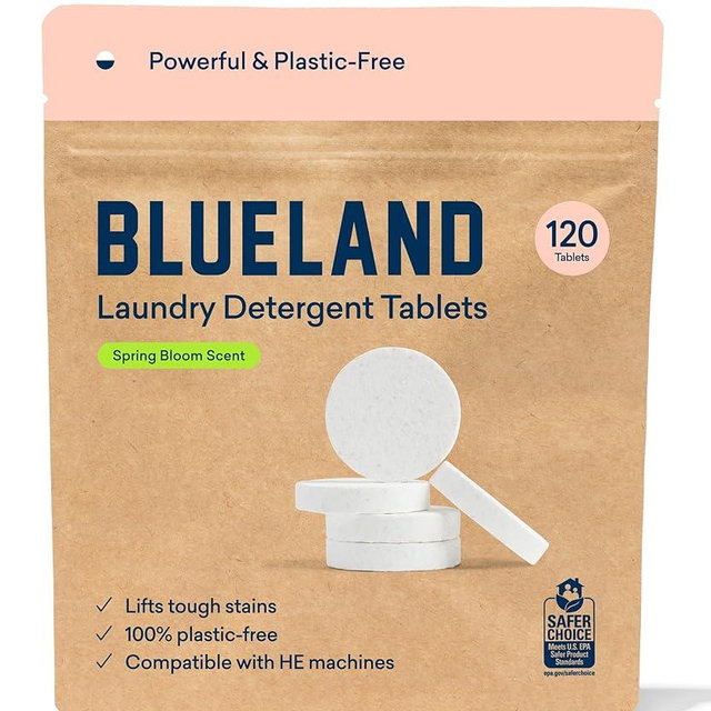 BLUELAND Laundry Detergent Tablets, 120 Count, Spring Bloom Scent, Plastic-Free Eco-Friendly Pods, Sheets, Liquid Alternative - Natural, Gentle, Non Toxic