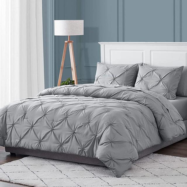 EHEYCIGA Full/Queen Comforter Set Grey, Bed in a Bag 7 Pieces, Pintuck Grey Bed Set Queen, Grey Bedding Set with Pinch Pleat Comforters, Sheets, Pillowcases & Shams
