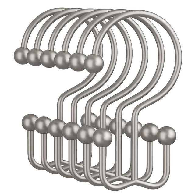 Amazer Matte Nickel Shower Curtain Hooks, 12PCS Minimalist Simple Double Shower Curtain Rings, Rust-Resistant Metal Shower Hooks Shower Curtain Hangers, Shower Rings for Bathroom Shower Rods Curtains