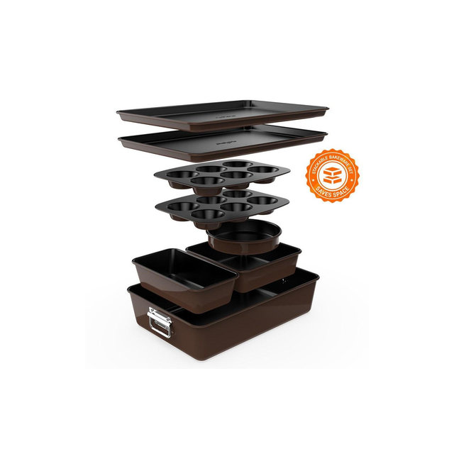 NutriChef 8-Piece Nonstick Stackable Bakeware Set - PFOA, PFOS, PTFE Free Baking Tray Set w/Non-Stick Coating, 450°F Oven Safe