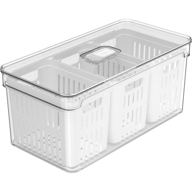 OU Fridge Organizer Bin with Drain Baskets & Vented Lid, 5.3qt Clear Stackable Refrigerator Storage Bin, Produce Kitchen Storage Container, BPA Free