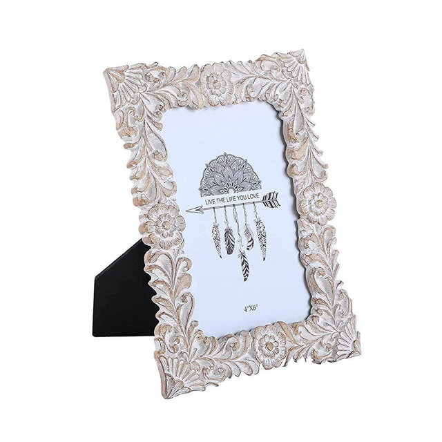 NIKKY HOME Farmhouse Boho Style Floral Picture Frame 4x6 Rustic Resin Photo Frame with Distressed White Finish, High Definition Glass for Table Top Display