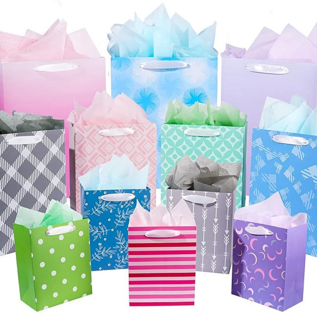 12 Pack Gift Bags Assorted Sizes and Designs, Gift Bags Bulk with Tissue Paper (5 Medium 8", 4 Large 11", 3 Extra Large 14") for Birthday, Baby Showers, Bridal Showers, Easter Day Any Occasion