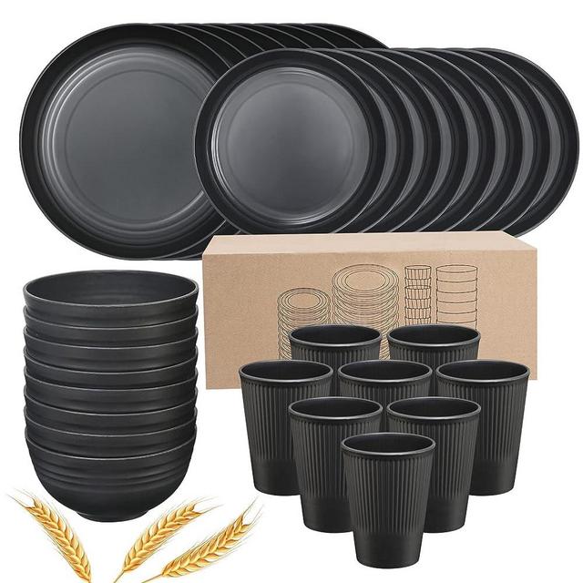 DUOLUV Plates and Bowls Sets for 8, 32-Piece Kitchen Dinnerware Set for 8 Tableware Wheat Straw Dinner Plates, Dessert Plates, Bowls and Cups, Dishes Set for Home Parties Camping - Black