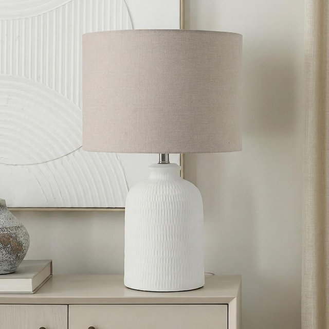 Nourison Home 24" White Textured Ceramic Modern Farmhouse Table Lamp with Beige Shade for Bedside Table, Living Room, Dining, Entryway