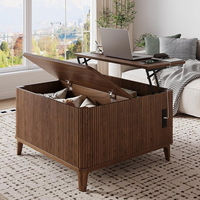 Oxirth 31.4" Square Coffee Tables for Living Room, Fluted Lift Top Coffee Table with Storage, Mid Century Modern Center Table, Giratree Stand Up Coffee Table for Home Living Room Office